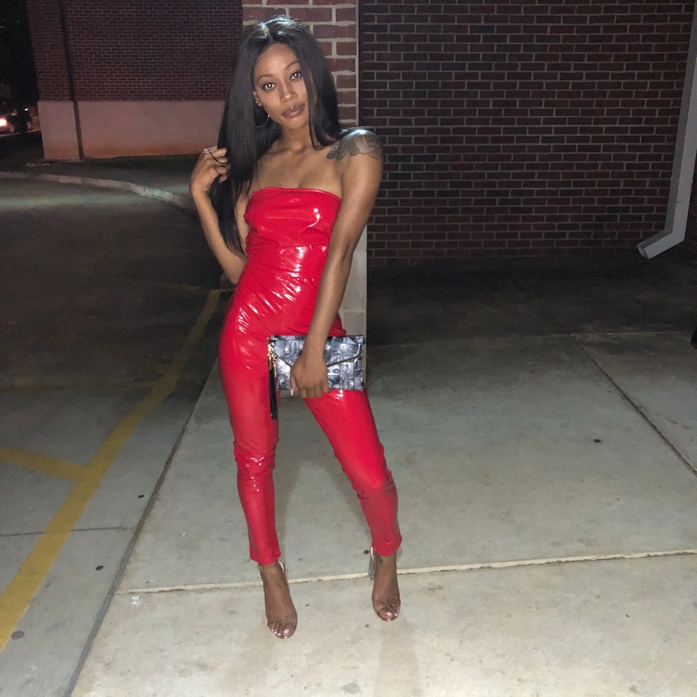 Red latex jumpsuit!